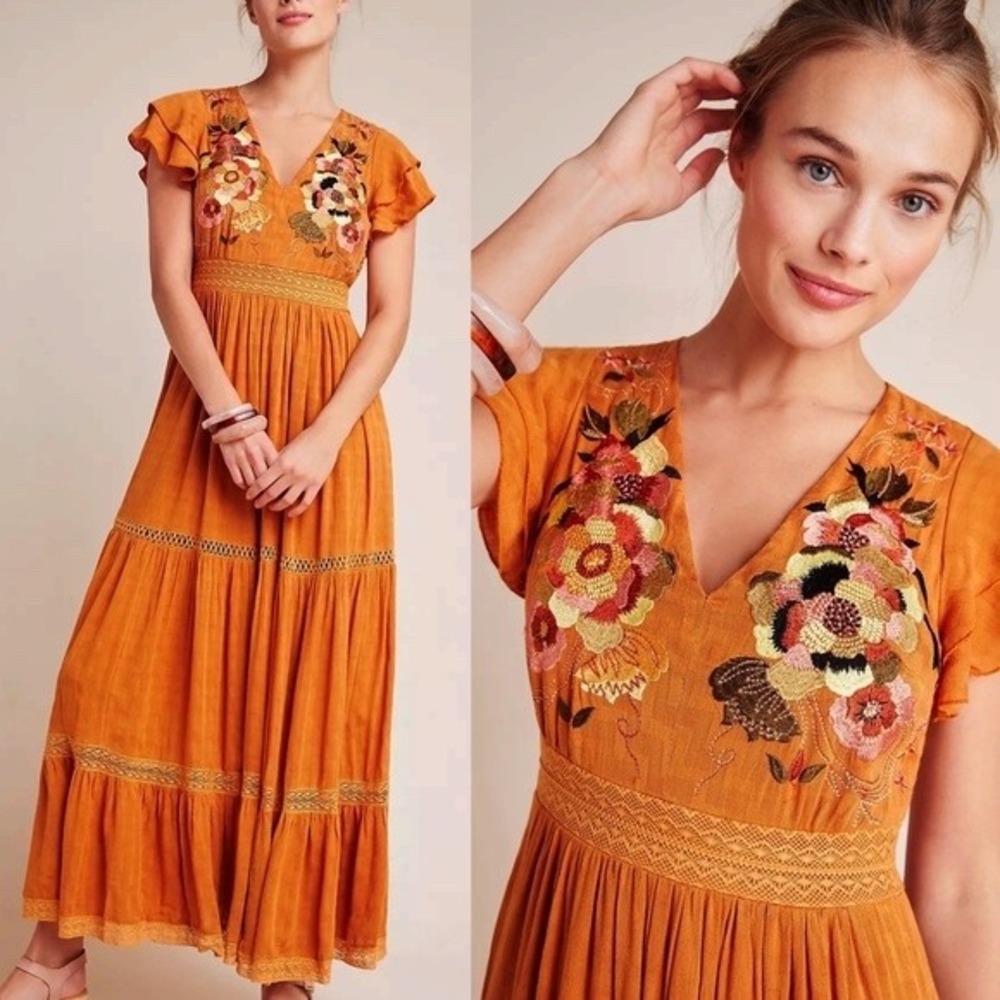 Maeve Anthropologie Rust Orange Floral Embroidered Maxi Dress Size 2 NWT Boho - Picture 1 of 5